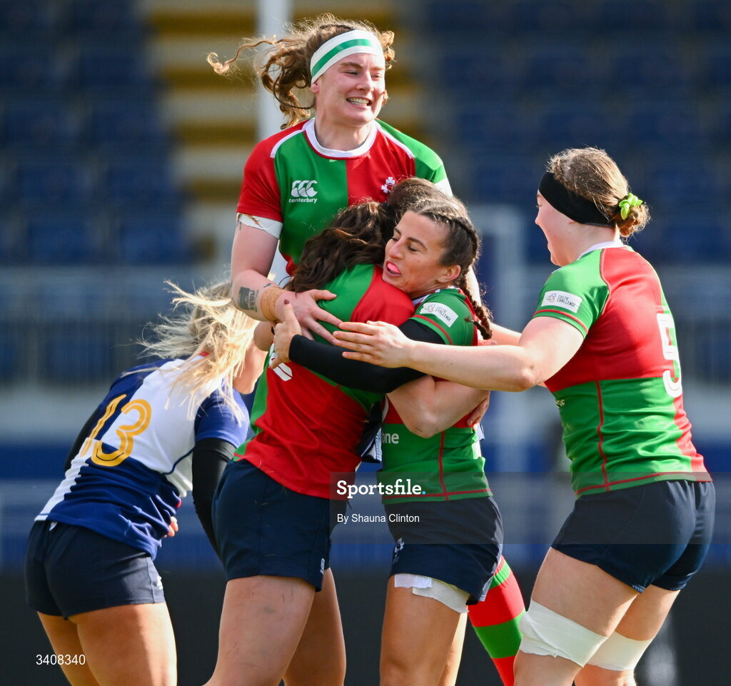 28 March 2026; Niamh Murphy of Clovers, centre, is congratulated by team-mates after scoring her side's first try during the Celtic Challenge final match between Wolfhounds and Clovers at The Hive Stadium in Edinburgh, Scotland. Photo by Shauna Clinton/Sportsfile