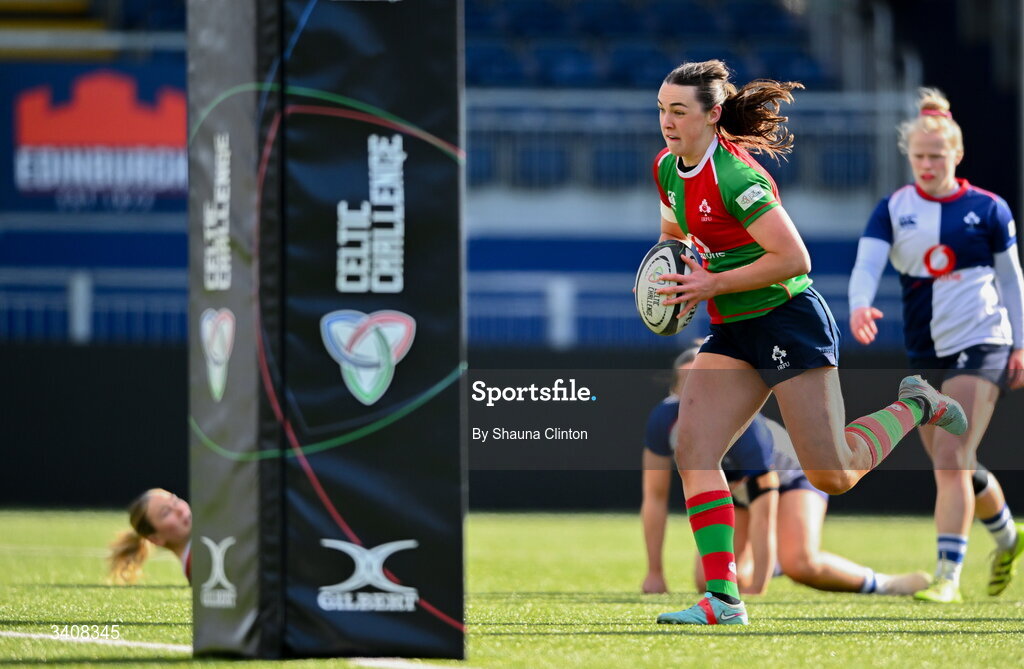 28 March 2026; Niamh Murphy of Clovers on her way to scoring her side's first try during the Celtic Challenge final match between Wolfhounds and Clovers at The Hive Stadium in Edinburgh, Scotland. Photo by Shauna Clinton/Sportsfile