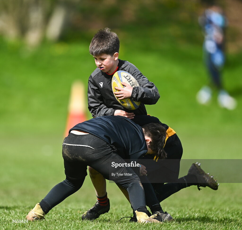 28 March 2026; Action during the Aviva Minis Rugby Festival Connacht match between An Ghaeltacht and Carrick-on-Shannon at Galway Bay RFC at Knocknacarra Park in Galway. Photo by Tyler Miller/Sportsfile