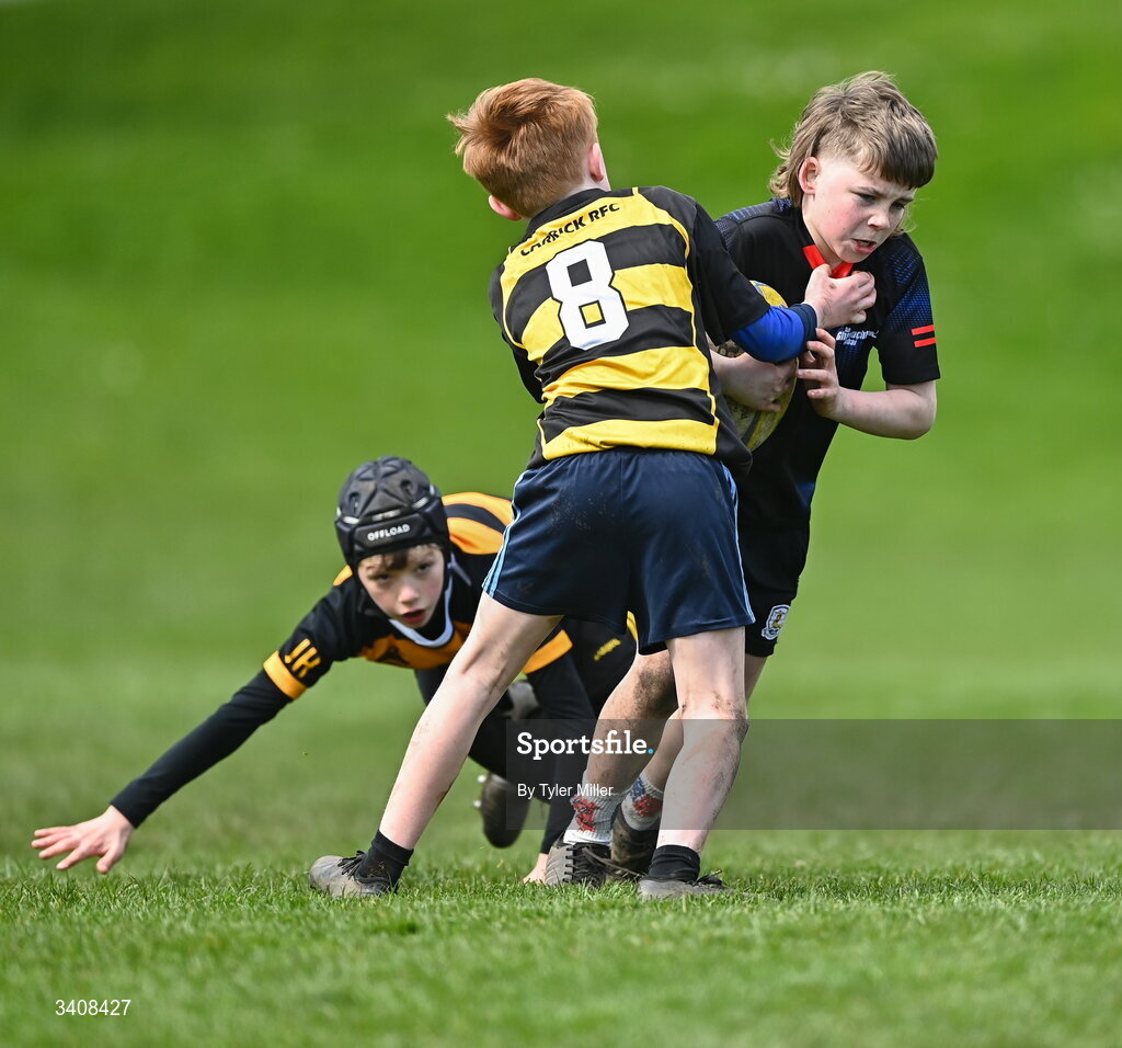 28 March 2026; Action during the Aviva Minis Rugby Festival Connacht match between An Ghaeltacht and Carrick-on-Shannon at Galway Bay RFC at Knocknacarra Park in Galway. Photo by Tyler Miller/Sportsfile