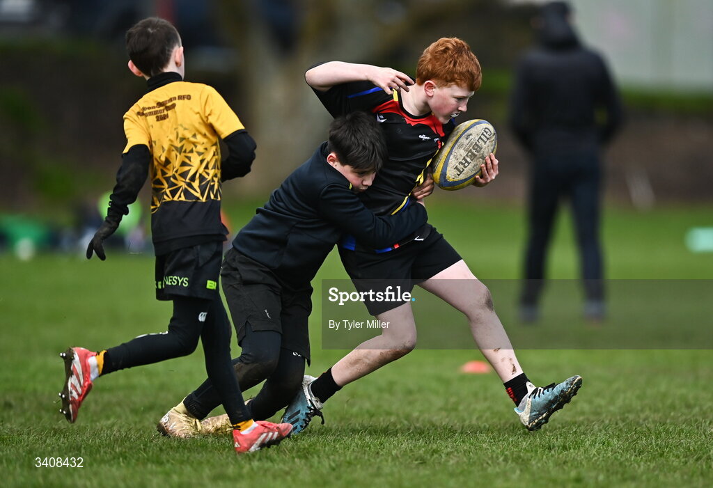 28 March 2026; Action during the Aviva Minis Rugby Festival Connacht match between An Ghaeltacht and Carrick-on-Shannon at Galway Bay RFC at Knocknacarra Park in Galway. Photo by Tyler Miller/Sportsfile