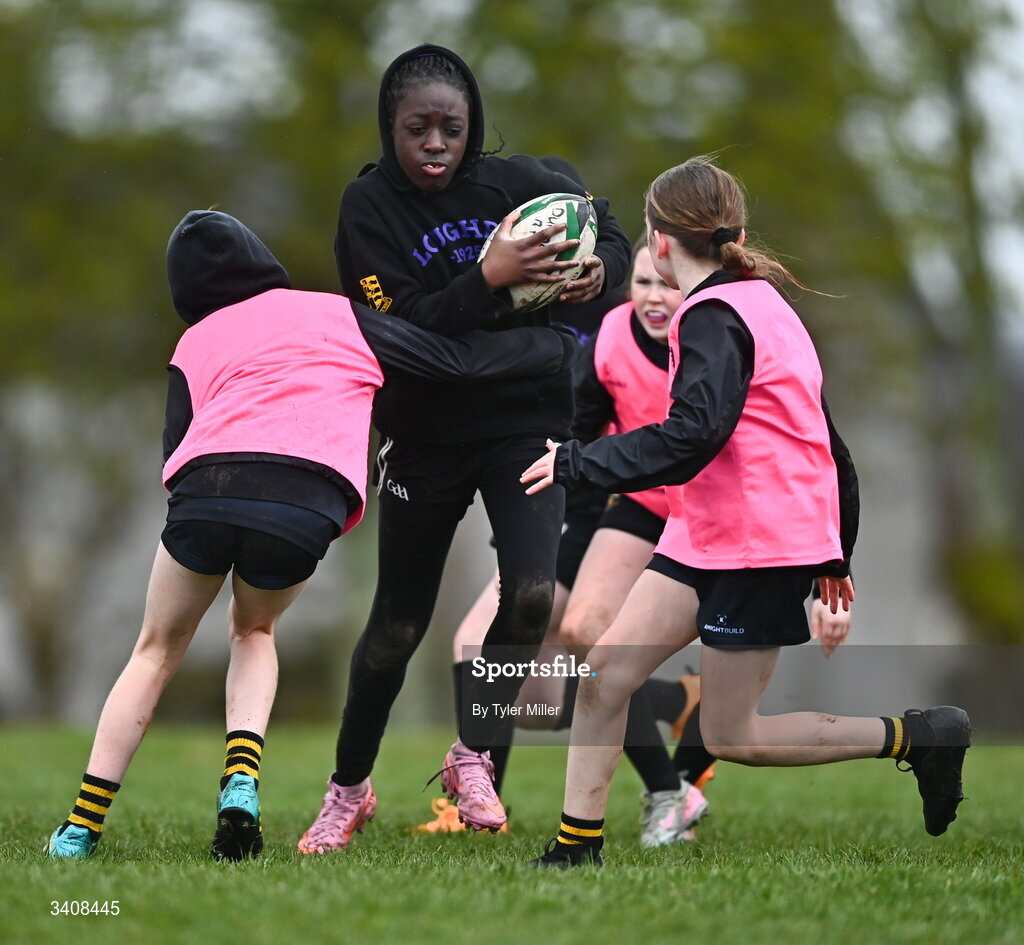 28 March 2026; Action during the Aviva Minis Rugby Festival Connacht match between Dunmore and Loughrea at Galway Bay RFC at Knocknacarra Park in Galway. Photo by Tyler Miller/Sportsfile