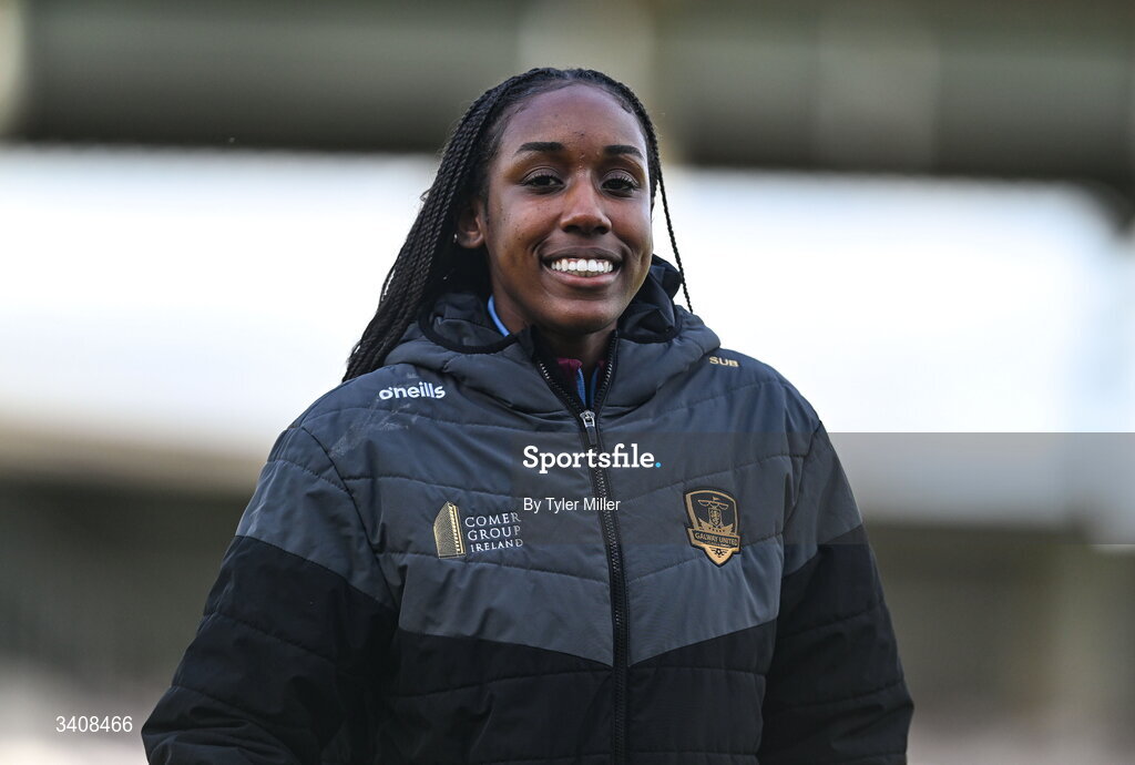 28 March 2026; Eve Dossen of Galway United before the SSE Airtricity Women's Premier Division match between Galway United and Wexford at Eamonn Deacy Park in Galway. Photo by Tyler Miller/Sportsfile