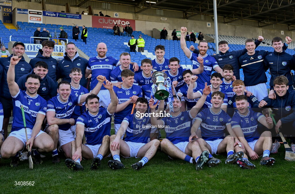 28 March 2026; The Laois team celebrate with the cup after the Allianz Hurling League Division 2 final match between Laois and Kerry at Laois Hire O'Moore Park in Portlaoise, Laois. Photo by Brendan Moran/Sportsfile