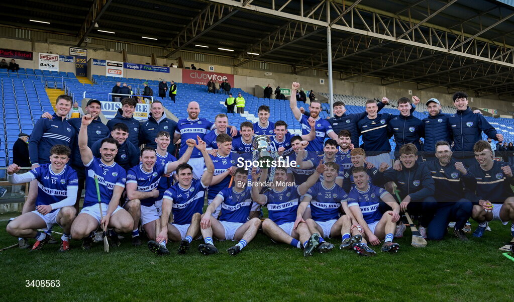 28 March 2026; The Laois team celebrate with the cup after the Allianz Hurling League Division 2 final match between Laois and Kerry at Laois Hire O'Moore Park in Portlaoise, Laois. Photo by Brendan Moran/Sportsfile