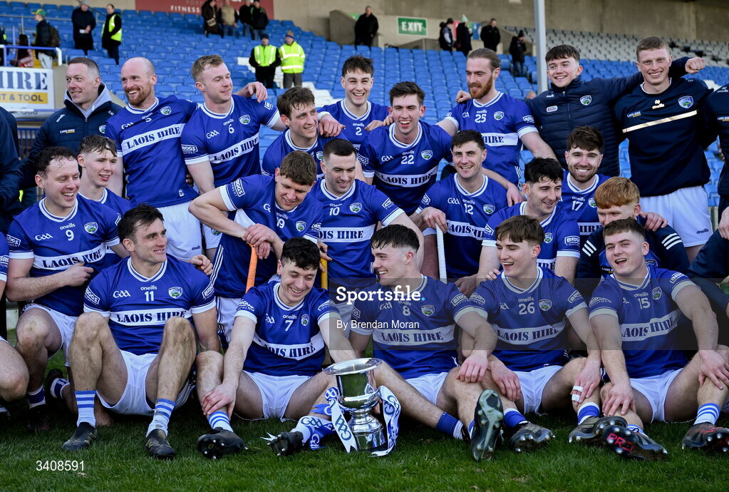 28 March 2026; The Laois team celebrate with the cup after the Allianz Hurling League Division 2 final match between Laois and Kerry at Laois Hire O'Moore Park in Portlaoise, Laois. Photo by Brendan Moran/Sportsfile