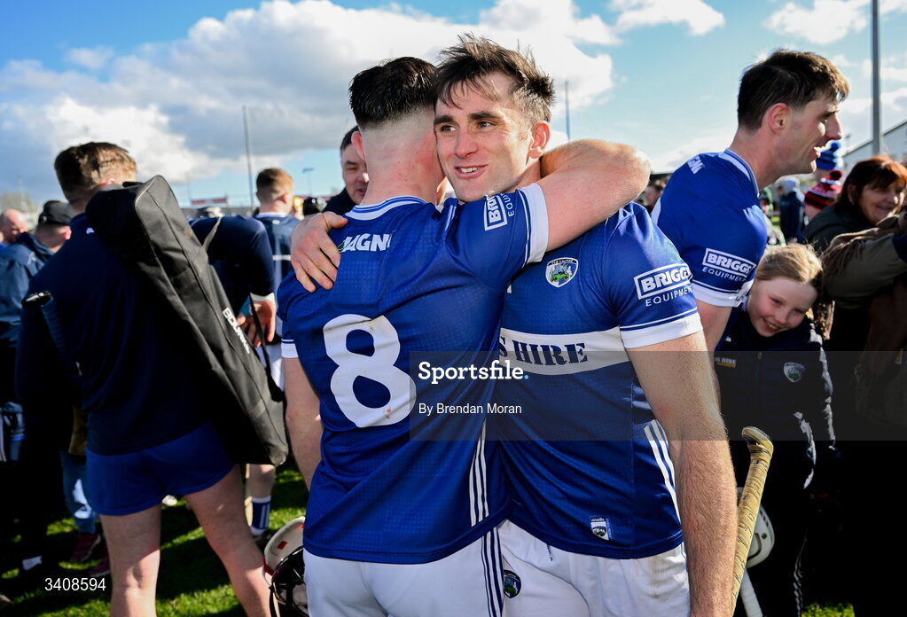 28 March 2026; Jack Kelly, tight, and David Dooley of Laois celebrate after the Allianz Hurling League Division 2 final match between Laois and Kerry at Laois Hire O'Moore Park in Portlaoise, Laois. Photo by Brendan Moran/Sportsfile