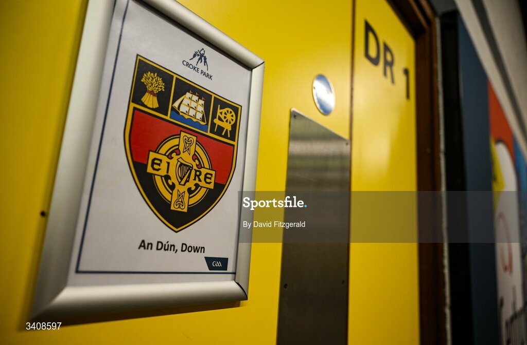 28 March 2026; The Down crest is seen outside dressing room 1 before the Allianz Football League Division 3 final match between Down and Wexford at Croke Park in Dublin. Photo by David Fitzgerald/Sportsfile