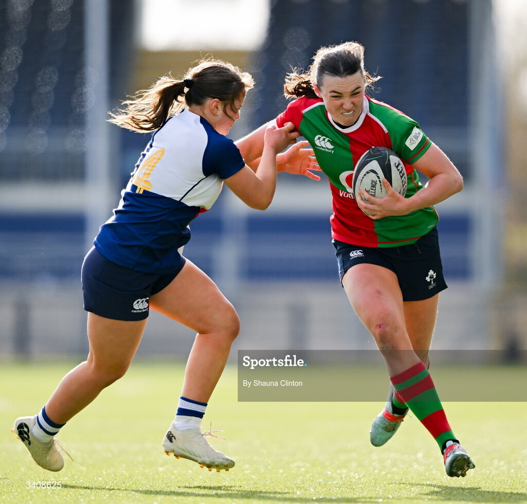 28 March 2026; Niamh Murphy of Clovers in action against Robyn O'Connor of Wolfhounds during the Celtic Challenge final match between Wolfhounds and Clovers at The Hive Stadium in Edinburgh, Scotland. Photo by Shauna Clinton/Sportsfile