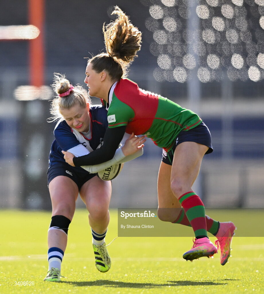 28 March 2026; Dannah O'Brien of Wolfhounds is tackled by Béibhinn Parsons of Clovers during the Celtic Challenge final match between Wolfhounds and Clovers at The Hive Stadium in Edinburgh, Scotland. Photo by Shauna Clinton/Sportsfile