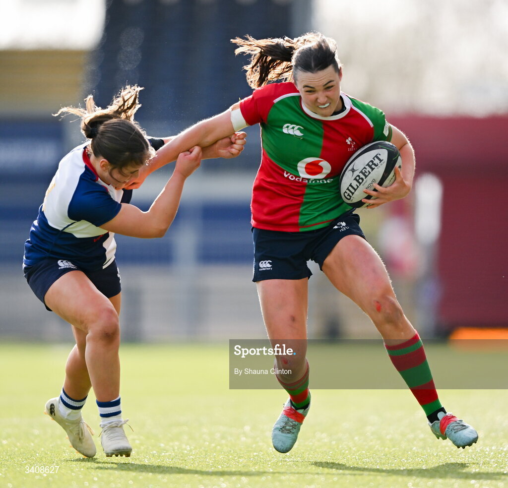 28 March 2026; Niamh Murphy of Clovers in action against Robyn O'Connor of Wolfhounds during the Celtic Challenge final match between Wolfhounds and Clovers at The Hive Stadium in Edinburgh, Scotland. Photo by Shauna Clinton/Sportsfile