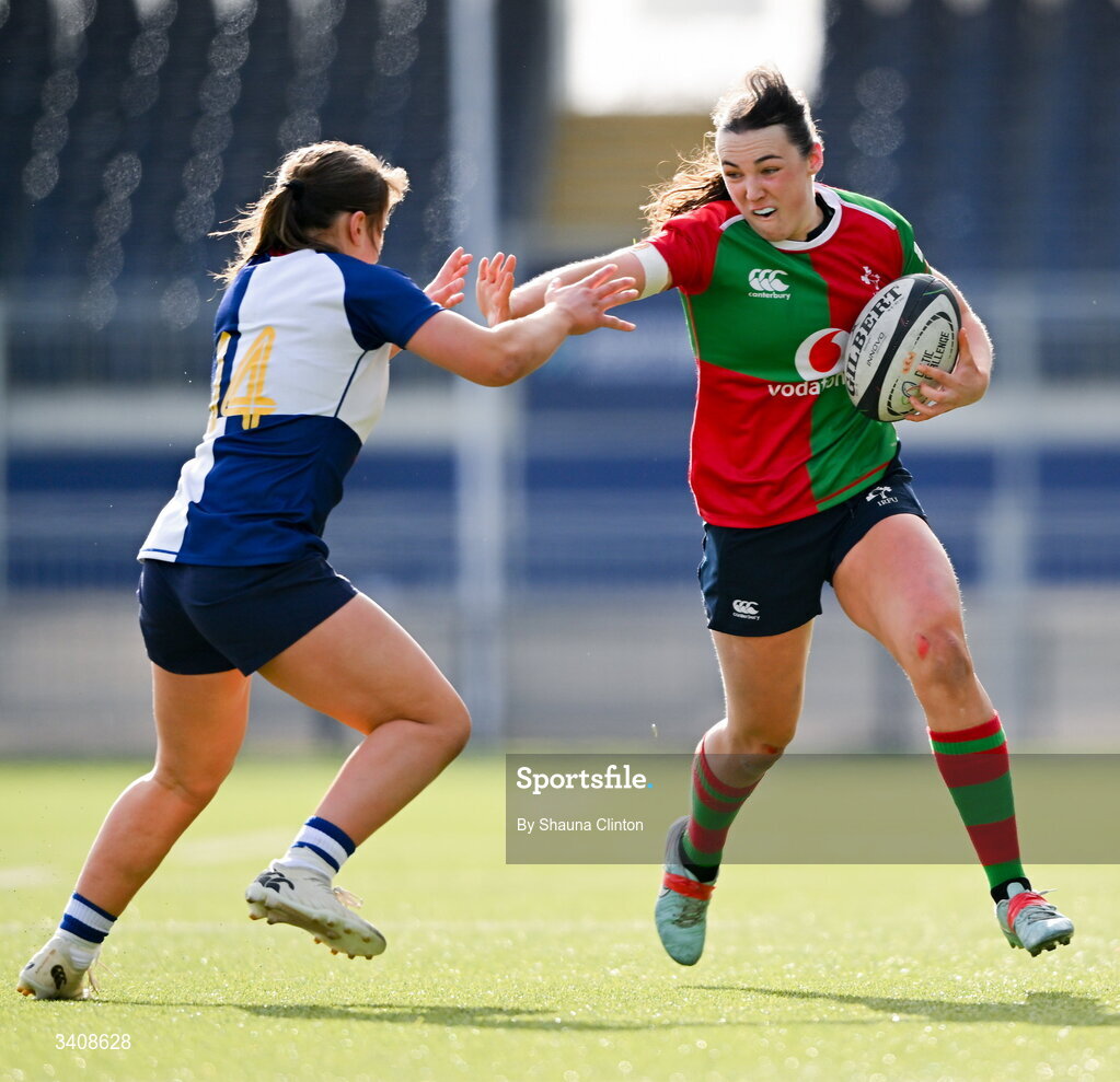 28 March 2026; Niamh Murphy of Clovers in action against Robyn O'Connor of Wolfhounds during the Celtic Challenge final match between Wolfhounds and Clovers at The Hive Stadium in Edinburgh, Scotland. Photo by Shauna Clinton/Sportsfile