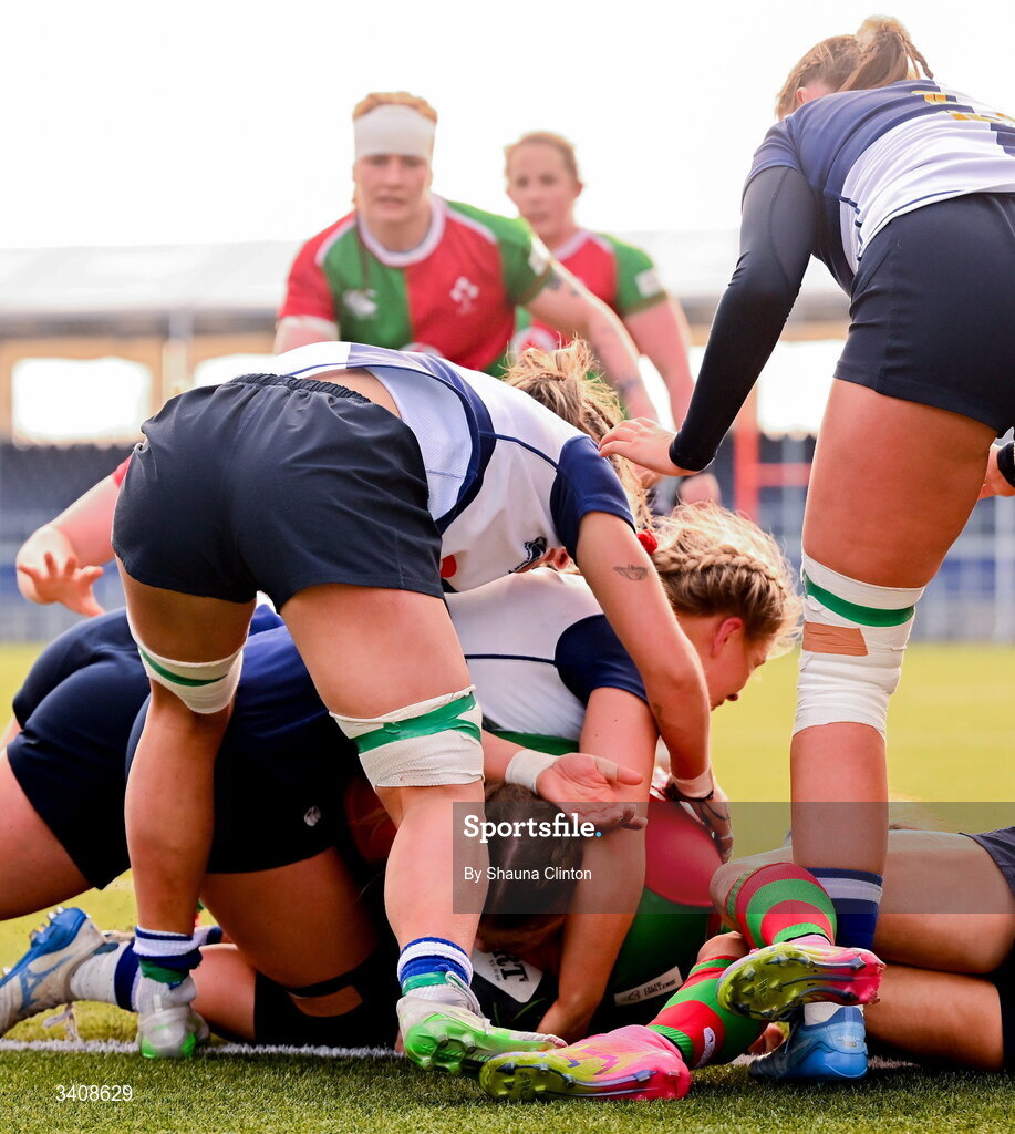 28 March 2026; Eilís Cahill of Clovers, centre, scores her side's second try during the Celtic Challenge final match between Wolfhounds and Clovers at The Hive Stadium in Edinburgh, Scotland. Photo by Shauna Clinton/Sportsfile