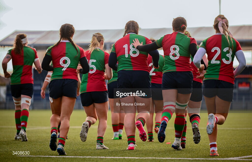 28 March 2026; Eilís Cahill of Clovers, 18, is congratulated by team-mates after scoring her side's second try during the Celtic Challenge final match between Wolfhounds and Clovers at The Hive Stadium in Edinburgh, Scotland. Photo by Shauna Clinton/Sportsfile