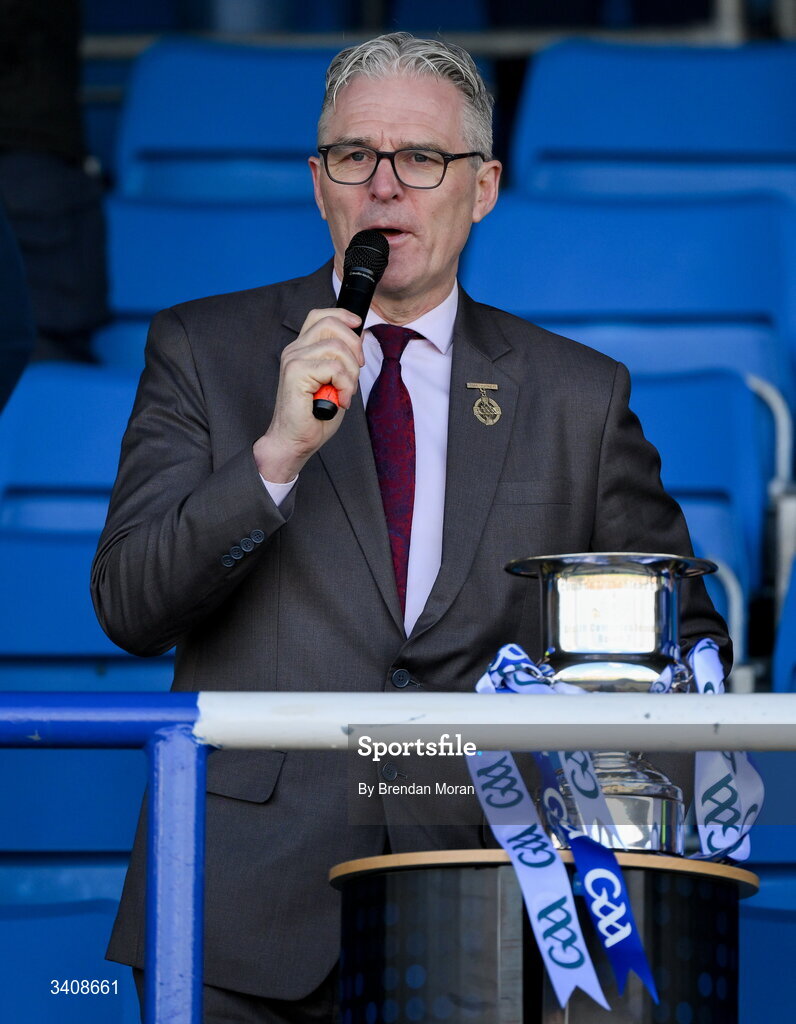 28 March 2026; Uachtarán Chumann Lúthchleas Gael Jarlath Burns makes a speech after the Allianz Hurling League Division 2 final match between Laois and Kerry at Laois Hire O'Moore Park in Portlaoise, Laois. Photo by Brendan Moran/Sportsfile