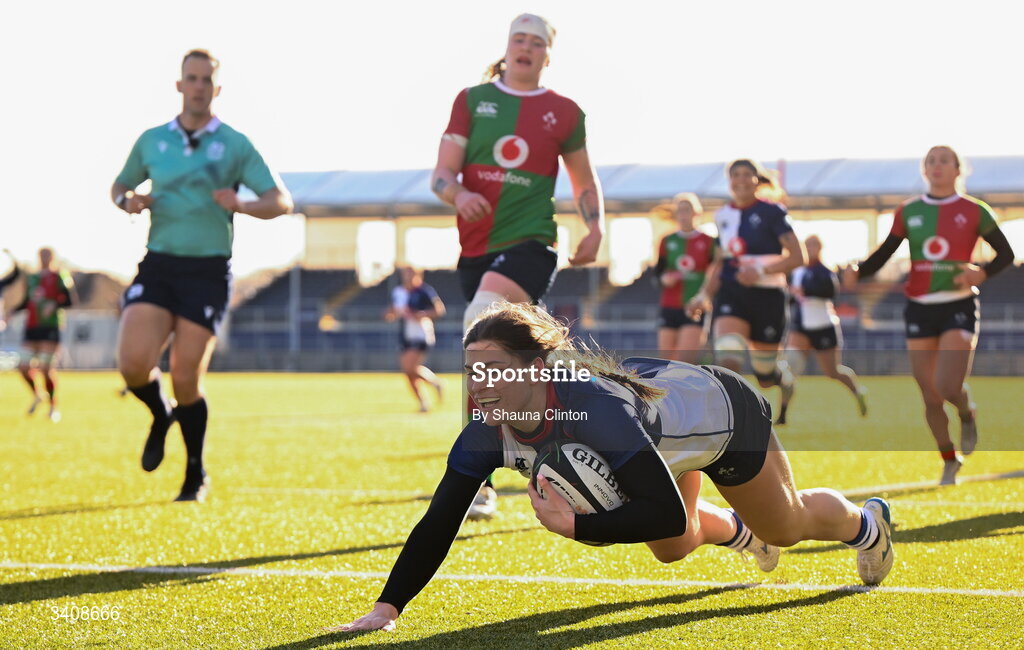 28 March 2026; Vicky Elmes Kinlan of Wolfhounds scores a try during the Celtic Challenge final match between Wolfhounds and Clovers at The Hive Stadium in Edinburgh, Scotland. Photo by Shauna Clinton/Sportsfile