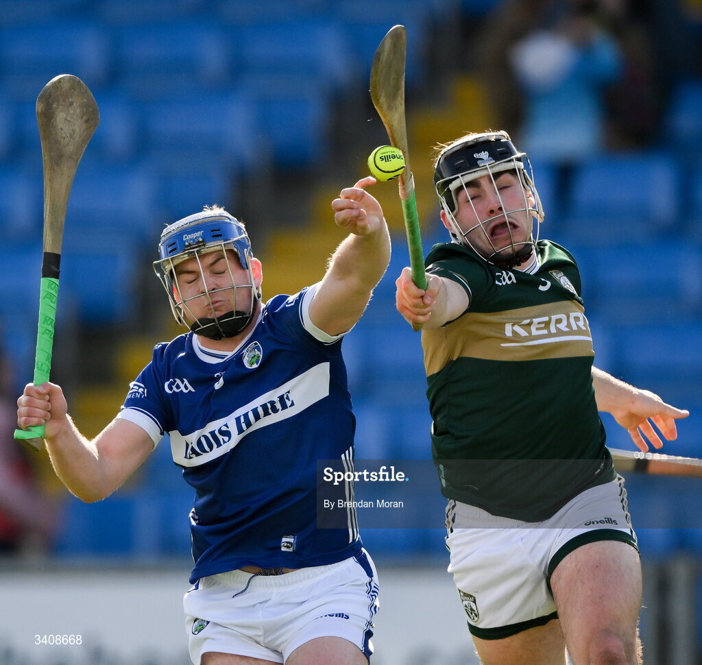 28 March 2026; Thomas Keyes of Laois in action against Sean McGrath of Kerry during the Allianz Hurling League Division 2 final match between Laois and Kerry at Laois Hire O'Moore Park in Portlaoise, Laois. Photo by Brendan Moran/Sportsfile