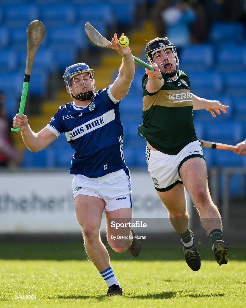 28 March 2026; Thomas Keyes of Laois in action against Sean McGrath of Kerry during the Allianz Hurling League Division 2 final match between Laois and Kerry at Laois Hire O'Moore Park in Portlaoise, Laois. Photo by Brendan Moran/Sportsfile
