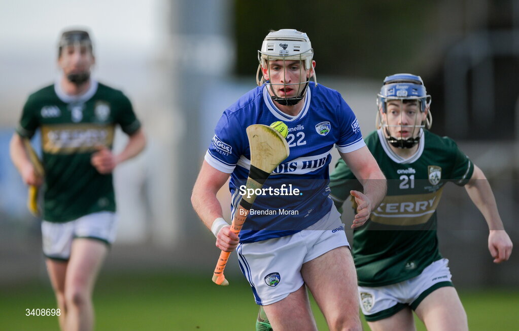 28 March 2026; Gearoid Lynch of Laois in action against Ivan Conway of Kerry during the Allianz Hurling League Division 2 final match between Laois and Kerry at Laois Hire O'Moore Park in Portlaoise, Laois. Photo by Brendan Moran/Sportsfile