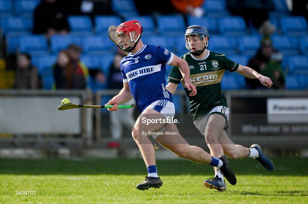 28 March 2026; David Dooley of Laois in action against Ivan Conway of Kerry during the Allianz Hurling League Division 2 final match between Laois and Kerry at Laois Hire O'Moore Park in Portlaoise, Laois. Photo by Brendan Moran/Sportsfile