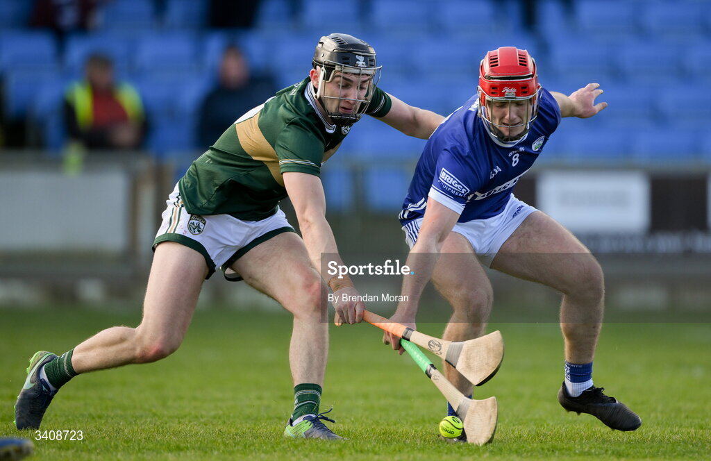 28 March 2026; David Dooley of Laois, right, in action against Ronan Walsh of Kerry during the Allianz Hurling League Division 2 final match between Laois and Kerry at Laois Hire O'Moore Park in Portlaoise, Laois. Photo by Brendan Moran/Sportsfile
