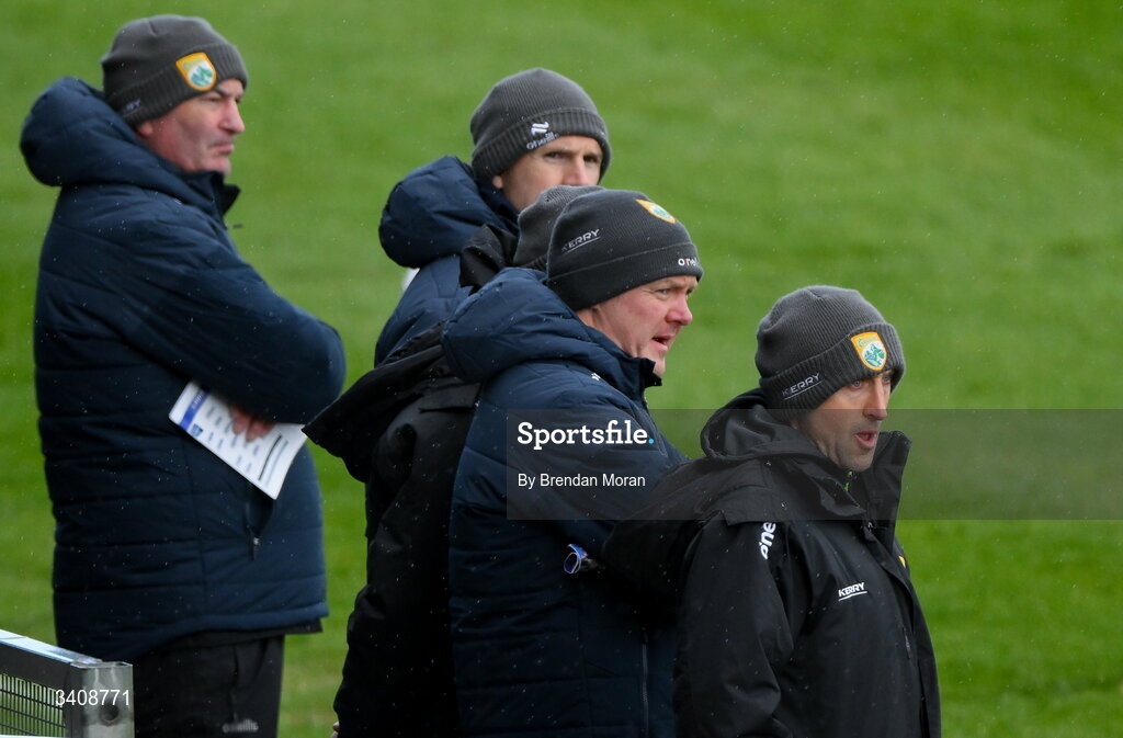 28 March 2026; Kerry manager John Griffin, right, and his selectors during the Allianz Hurling League Division 2 final match between Laois and Kerry at Laois Hire O'Moore Park in Portlaoise, Laois. Photo by Brendan Moran/Sportsfile