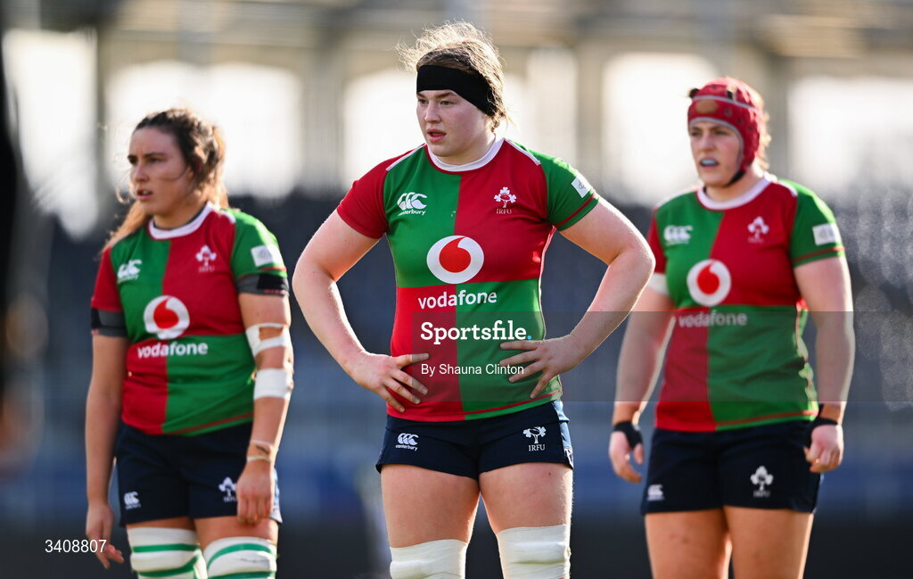28 March 2026; Clovers players, from left, Annakate Cournane, Anna McGann and Siobhán McCarthy during the Celtic Challenge final match between Wolfhounds and Clovers at The Hive Stadium in Edinburgh, Scotland. Photo by Shauna Clinton/Sportsfile