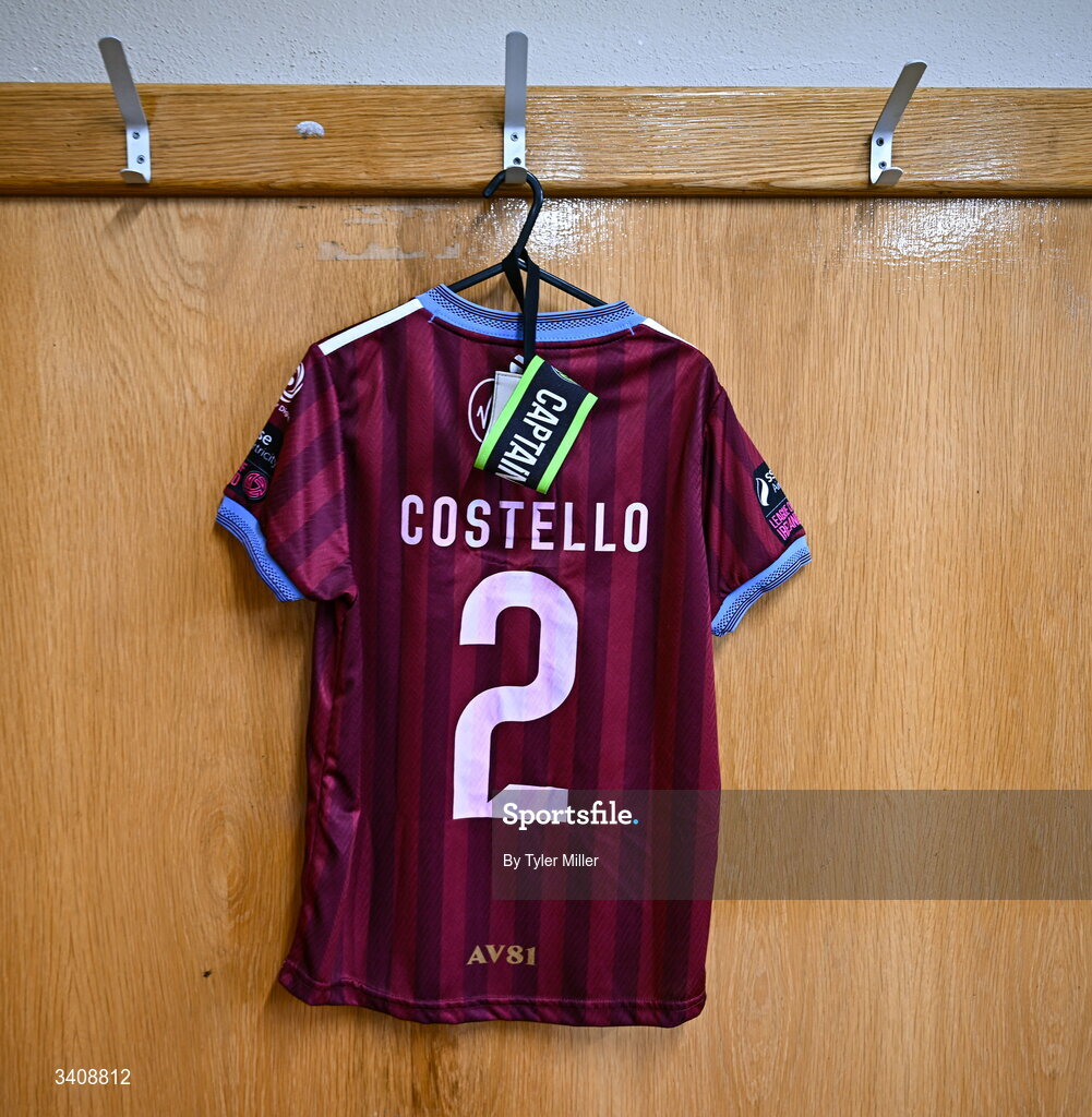 28 March 2026; The jersey of captain Aoibheann Costello hangs in the Galway United dressing room before the SSE Airtricity Women's Premier Division match between Galway United and Wexford at Eamonn Deacy Park in Galway. Photo by Tyler Miller/Sportsfile