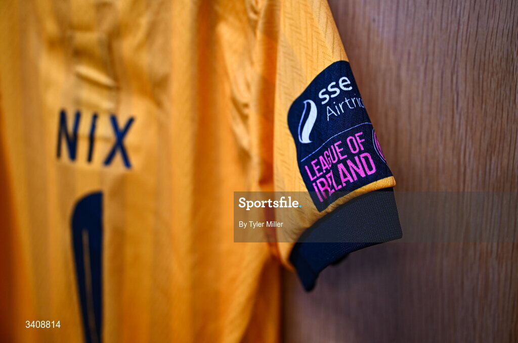 28 March 2026; A detailed view of the jersey of Galway United goalkeeper Nicole Nix before the SSE Airtricity Women's Premier Division match between Galway United and Wexford at Eamonn Deacy Park in Galway. Photo by Tyler Miller/Sportsfile