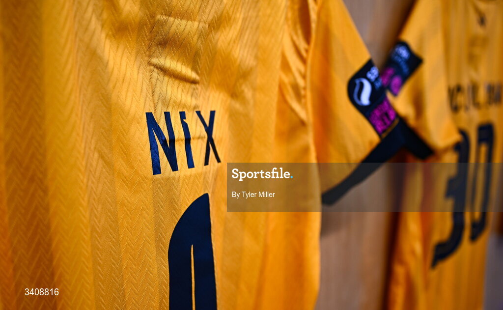 28 March 2026; A detailed view of the jersey of Galway United goalkeeper Nicole Nix before the SSE Airtricity Women's Premier Division match between Galway United and Wexford at Eamonn Deacy Park in Galway. Photo by Tyler Miller/Sportsfile
