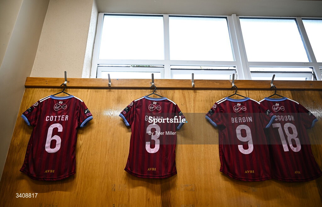 28 March 2026; The jerseys of, from left, Niamh Cotter, Lucy Jayne Grant, Ceola Bergin and Anna McGough hang in the Galway United dressing room before the SSE Airtricity Women's Premier Division match between Galway United and Wexford at Eamonn Deacy Park in Galway. Photo by Tyler Miller/Sportsfile