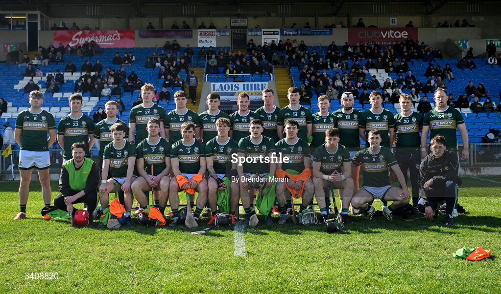 28 March 2026; The Kerry team before the Allianz Hurling League Division 2 final match between Laois and Kerry at Laois Hire O'Moore Park in Portlaoise, Laois. Photo by Brendan Moran/Sportsfile