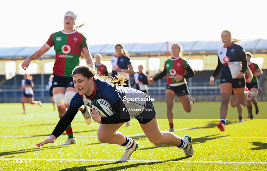 28 March 2026; Vicky Elmes Kinlan of Wolfhounds scores a try during the Celtic Challenge final match between Wolfhounds and Clovers at The Hive Stadium in Edinburgh, Scotland. Photo by Shauna Clinton/Sportsfile