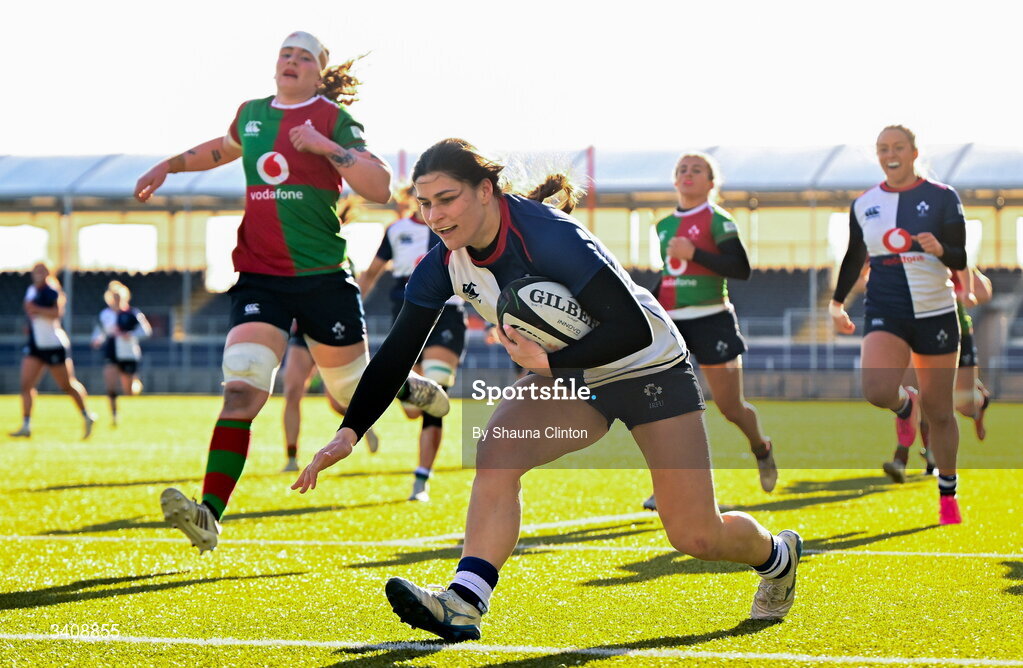 28 March 2026; Vicky Elmes Kinlan of Wolfhounds scores a try during the Celtic Challenge final match between Wolfhounds and Clovers at The Hive Stadium in Edinburgh, Scotland. Photo by Shauna Clinton/Sportsfile