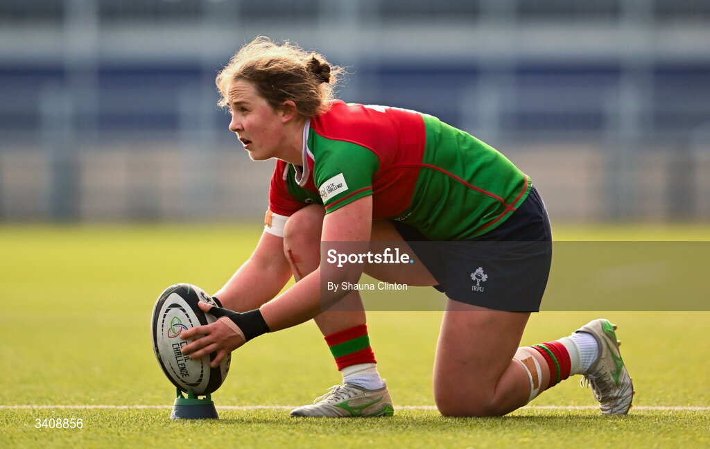 28 March 2026; Enya Breen of Clovers prepares to kick a conversion during the Celtic Challenge final match between Wolfhounds and Clovers at The Hive Stadium in Edinburgh, Scotland. Photo by Shauna Clinton/Sportsfile