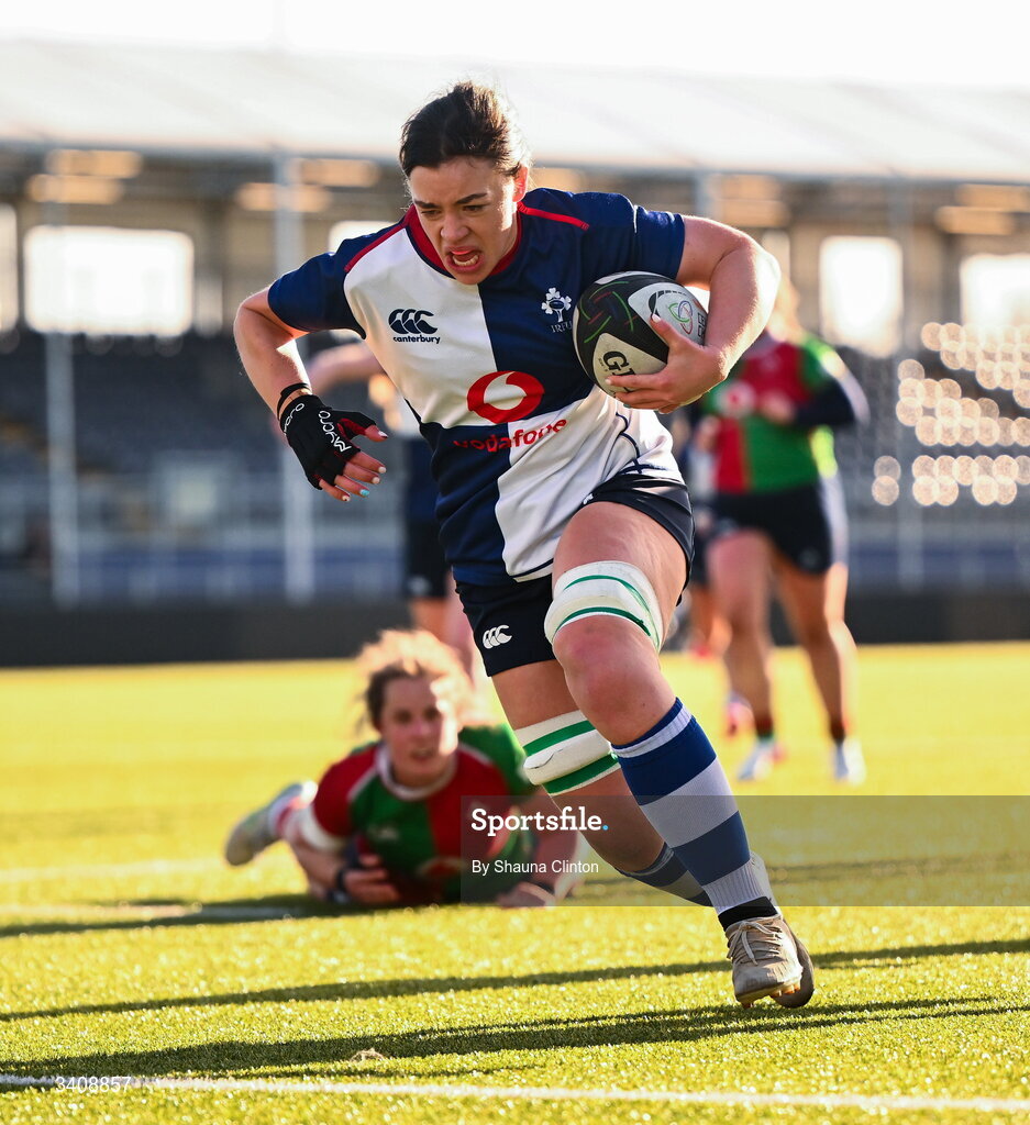 28 March 2026; Maeve Óg O'Leary of Wolfhounds scores a try during the Celtic Challenge final match between Wolfhounds and Clovers at The Hive Stadium in Edinburgh, Scotland. Photo by Shauna Clinton/Sportsfile