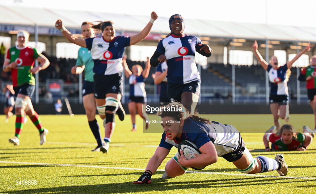 28 March 2026; Maeve Óg O'Leary of Wolfhounds scores a try during the Celtic Challenge final match between Wolfhounds and Clovers at The Hive Stadium in Edinburgh, Scotland. Photo by Shauna Clinton/Sportsfile