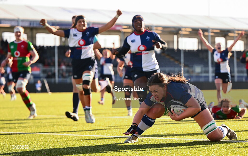 28 March 2026; Maeve Óg O'Leary of Wolfhounds scores a try during the Celtic Challenge final match between Wolfhounds and Clovers at The Hive Stadium in Edinburgh, Scotland. Photo by Shauna Clinton/Sportsfile