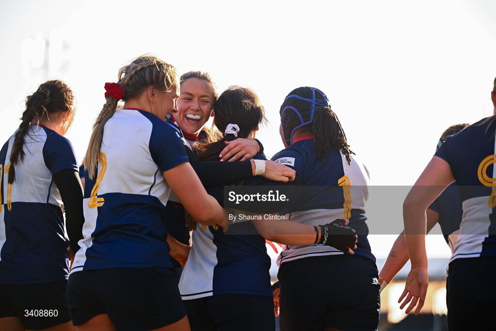 28 March 2026; Maeve Óg O'Leary of Wolfhounds, centre, is congratulated by team-mates after scoring a try during the Celtic Challenge final match between Wolfhounds and Clovers at The Hive Stadium in Edinburgh, Scotland. Photo by Shauna Clinton/Sportsfile