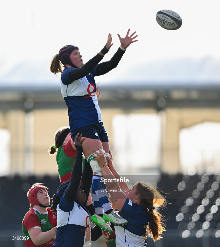 28 March 2026; Fiona Tuite of Wolfhounds wins possession in a lineout during the Celtic Challenge final match between Wolfhounds and Clovers at The Hive Stadium in Edinburgh, Scotland. Photo by Shauna Clinton/Sportsfile