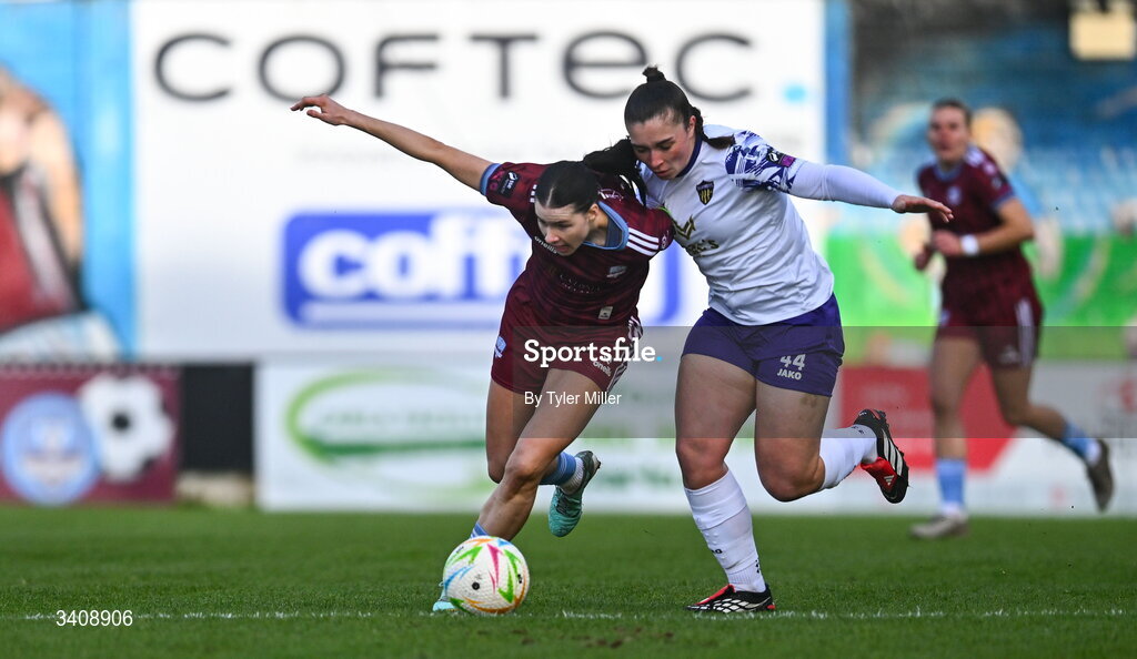 28 March 2026; Aoibheann Costello of Galway United in action against Roisin Joyce of Wexford during the SSE Airtricity Women's Premier Division match between Galway United and Wexford at Eamonn Deacy Park in Galway. Photo by Tyler Miller/Sportsfile