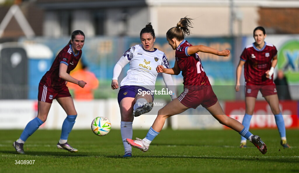 28 March 2026; Ciara Rossiter of Wexford in action against Emma Doherty of Galway United during the SSE Airtricity Women's Premier Division match between Galway United and Wexford at Eamonn Deacy Park in Galway. Photo by Tyler Miller/Sportsfile