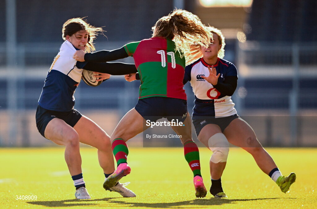 28 March 2026; Vicky Elmes Kinlan of Wolfhounds in action against Béibhinn Parsons of Clovers during the Celtic Challenge final match between Wolfhounds and Clovers at The Hive Stadium in Edinburgh, Scotland. Photo by Shauna Clinton/Sportsfile