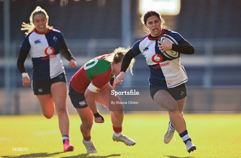 28 March 2026; Vicky Elmes Kinlan of Wolfhounds in action against Enya Breen of Clovers during the Celtic Challenge final match between Wolfhounds and Clovers at The Hive Stadium in Edinburgh, Scotland. Photo by Shauna Clinton/Sportsfile