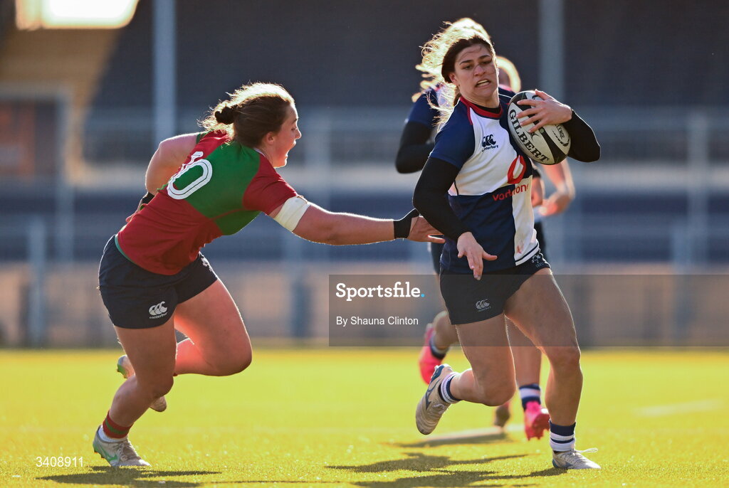 28 March 2026; Vicky Elmes Kinlan of Wolfhounds in action against Enya Breen of Clovers during the Celtic Challenge final match between Wolfhounds and Clovers at The Hive Stadium in Edinburgh, Scotland. Photo by Shauna Clinton/Sportsfile