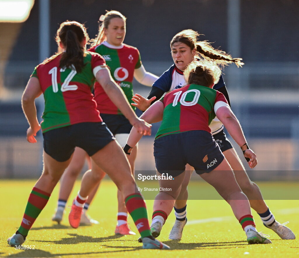 28 March 2026; Vicky Elmes Kinlan of Wolfhounds in action against Enya Breen of Clovers during the Celtic Challenge final match between Wolfhounds and Clovers at The Hive Stadium in Edinburgh, Scotland. Photo by Shauna Clinton/Sportsfile
