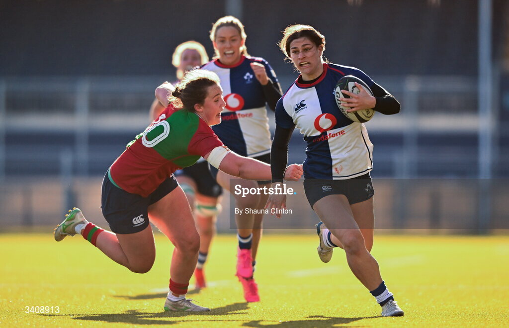 28 March 2026; Vicky Elmes Kinlan of Wolfhounds in action against Enya Breen of Clovers during the Celtic Challenge final match between Wolfhounds and Clovers at The Hive Stadium in Edinburgh, Scotland. Photo by Shauna Clinton/Sportsfile