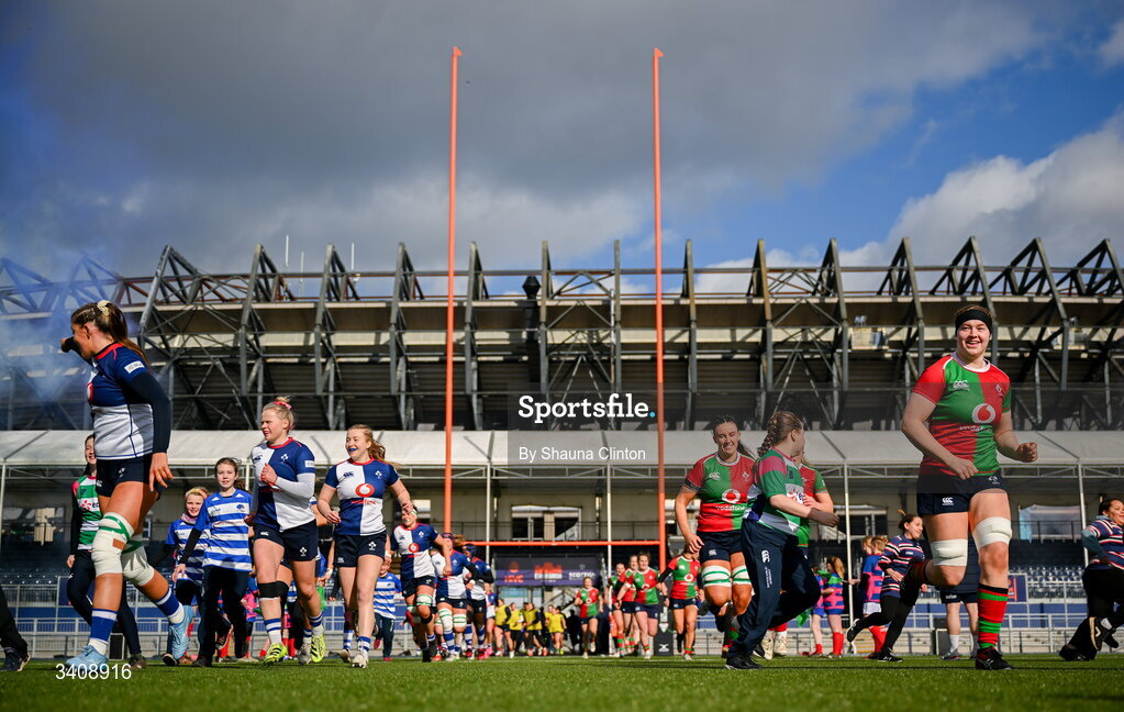 28 March 2026; Wolfhounds players and Clovers players run out ahead of the Celtic Challenge final match between Wolfhounds and Clovers at The Hive Stadium in Edinburgh, Scotland. Photo by Shauna Clinton/Sportsfile