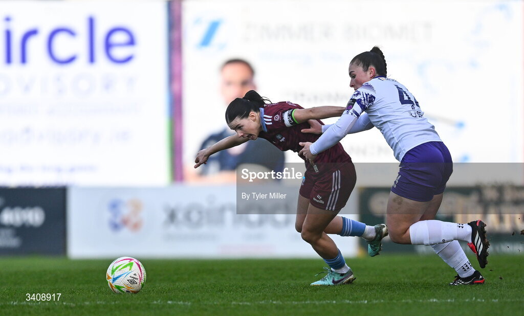 28 March 2026; Aoibheann Costello of Galway United in action against Roisin Joyce of Wexford during the SSE Airtricity Women's Premier Division match between Galway United and Wexford at Eamonn Deacy Park in Galway. Photo by Tyler Miller/Sportsfile