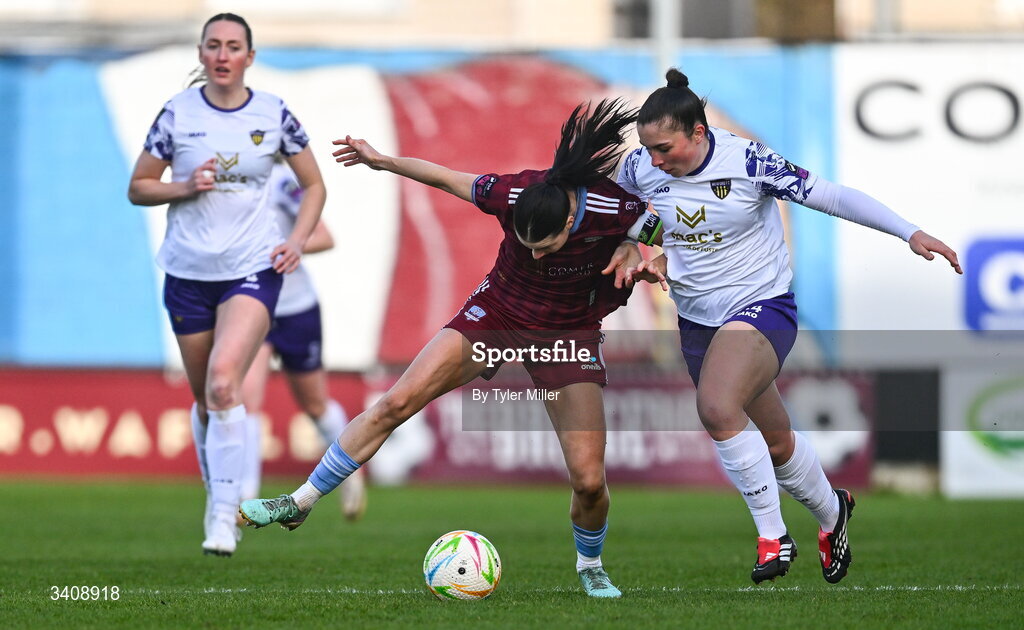 28 March 2026; Aoibheann Costello of Galway United in action against Roisin Joyce of Wexford during the SSE Airtricity Women's Premier Division match between Galway United and Wexford at Eamonn Deacy Park in Galway. Photo by Tyler Miller/Sportsfile